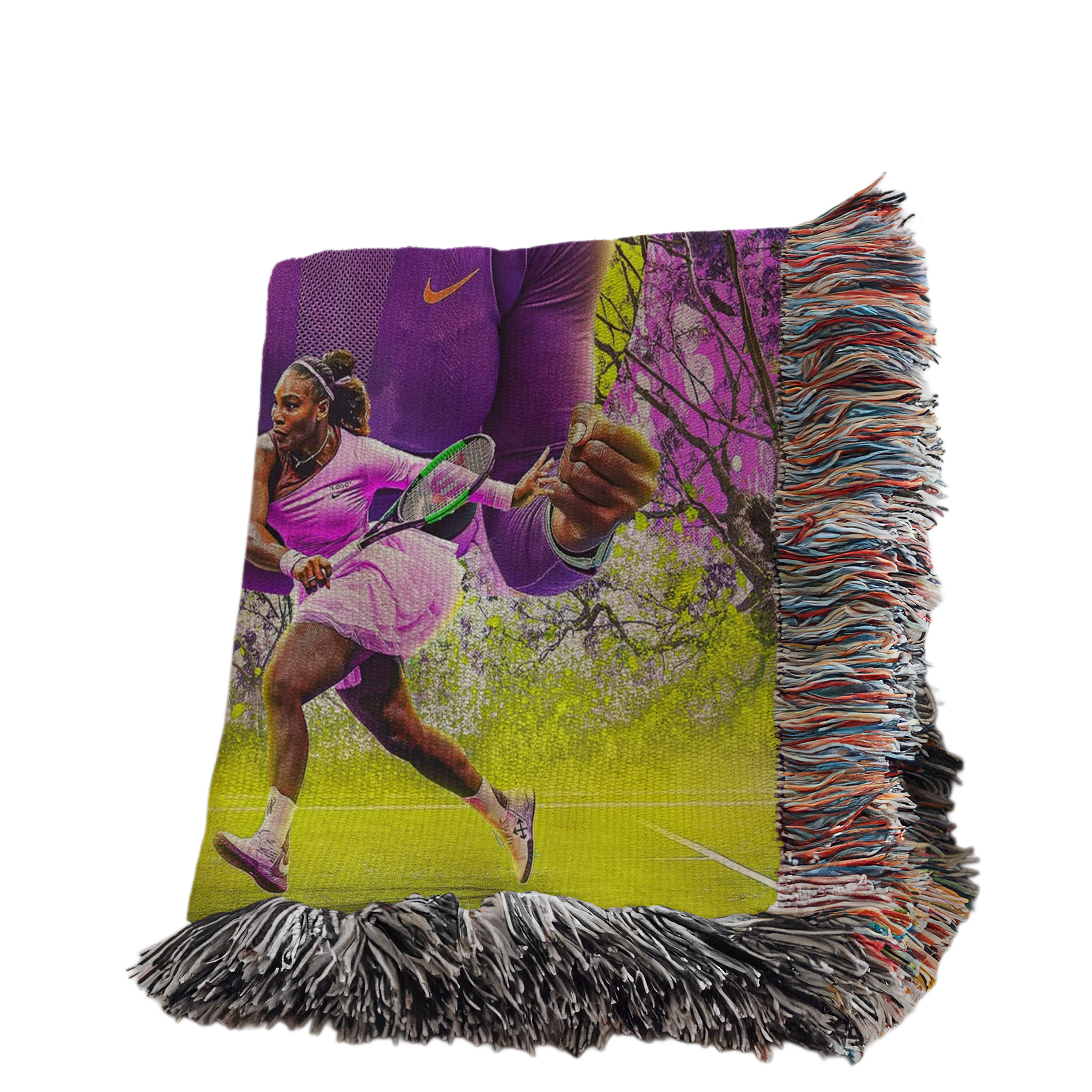 A person is holding a blanket featuring a large image of a woman playing tennis.