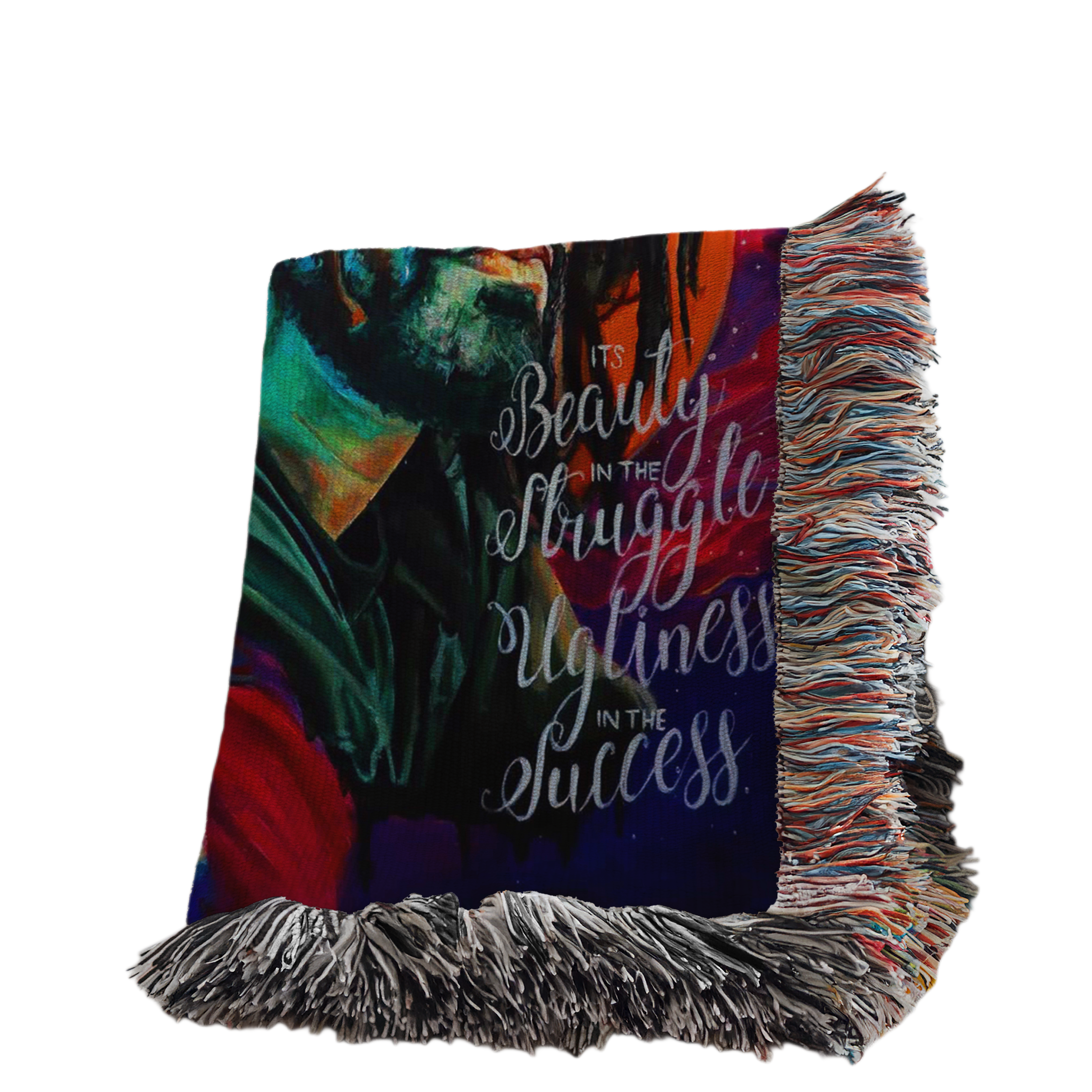 The image is a colorful blanket with a textured fringe.