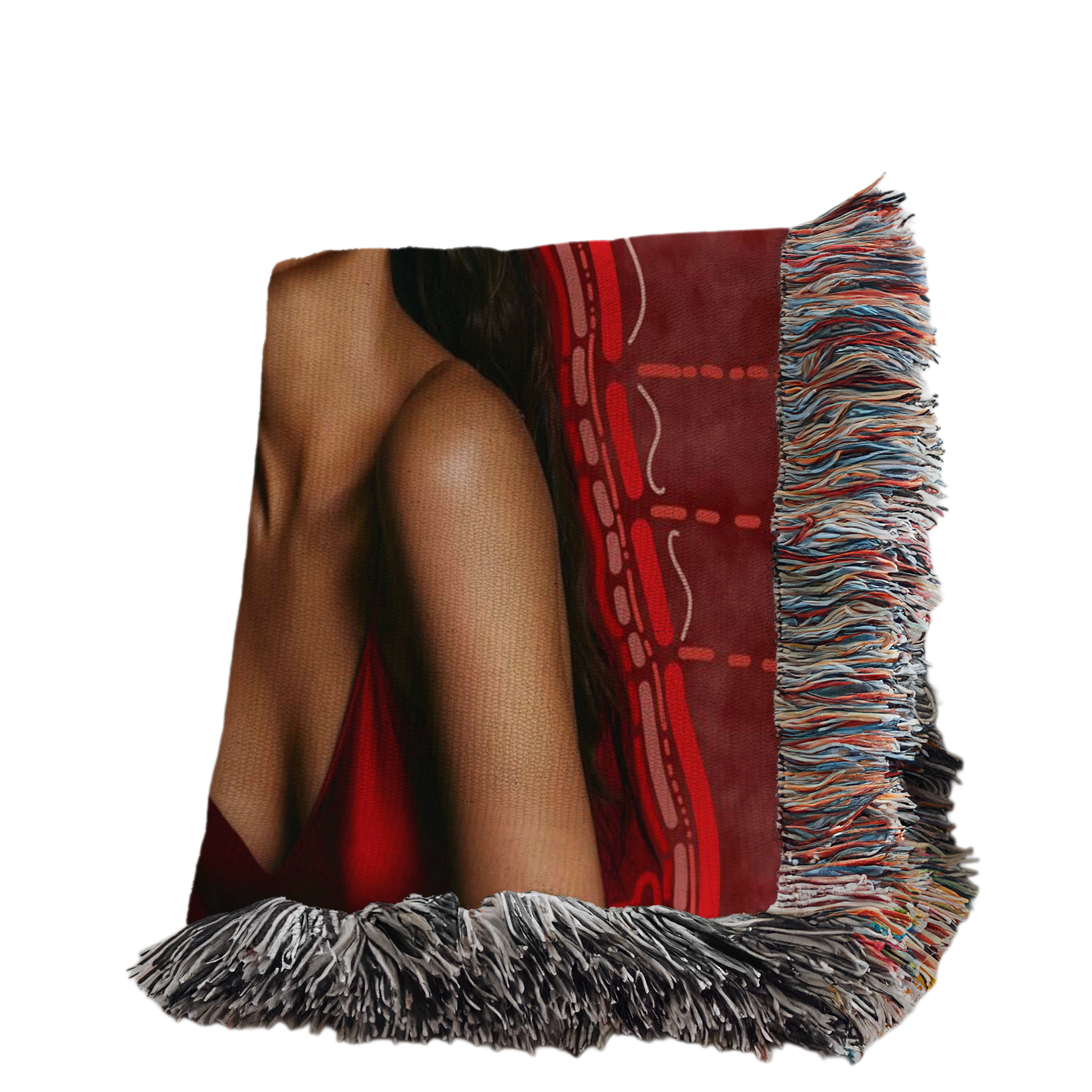 A portrait of a woman with dark hair and red lipstick, wearing a red dress, is displayed on a red and white patterned fabric.