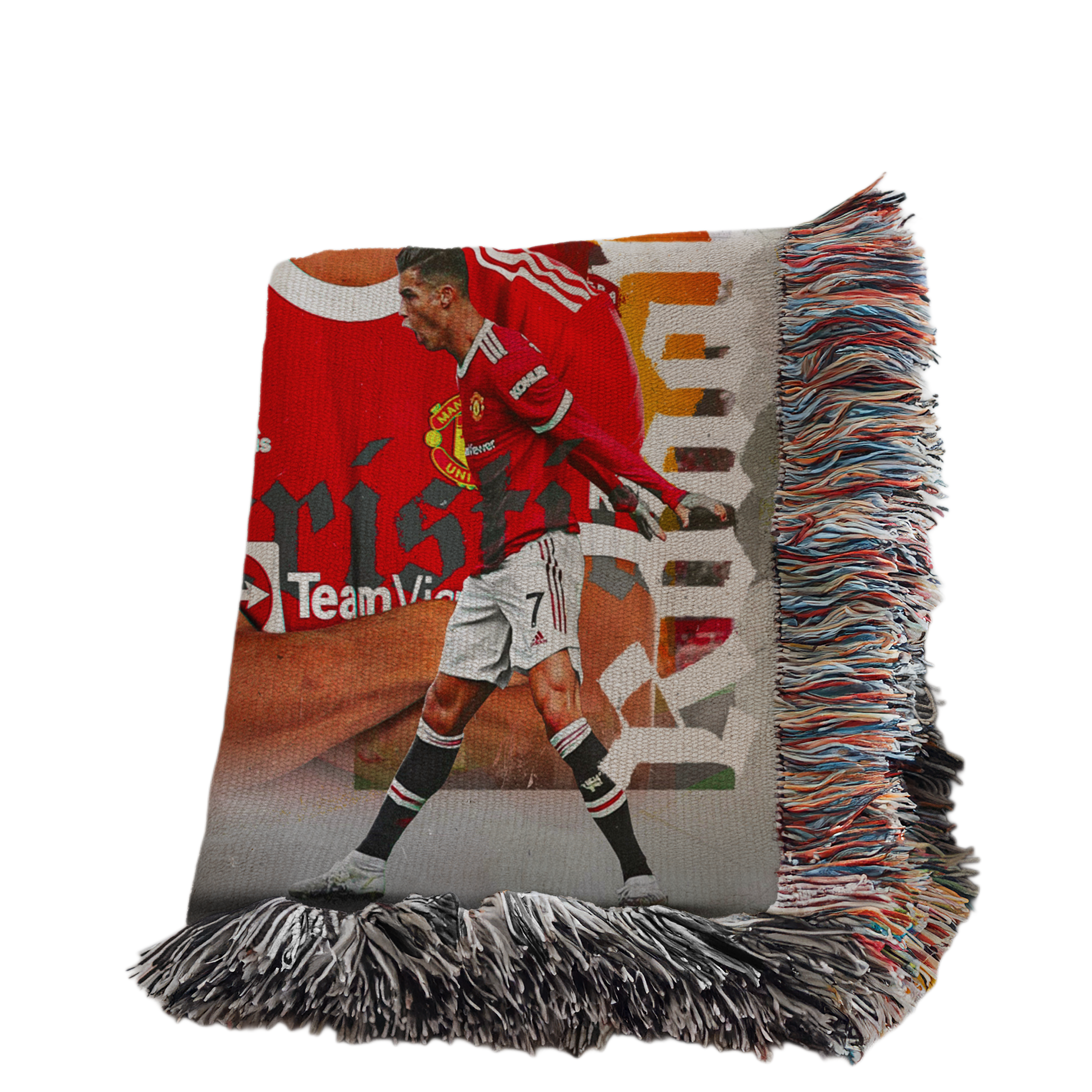 a person wearing a Manchester United jersey, with a collage of images of the player in various poses and settings.