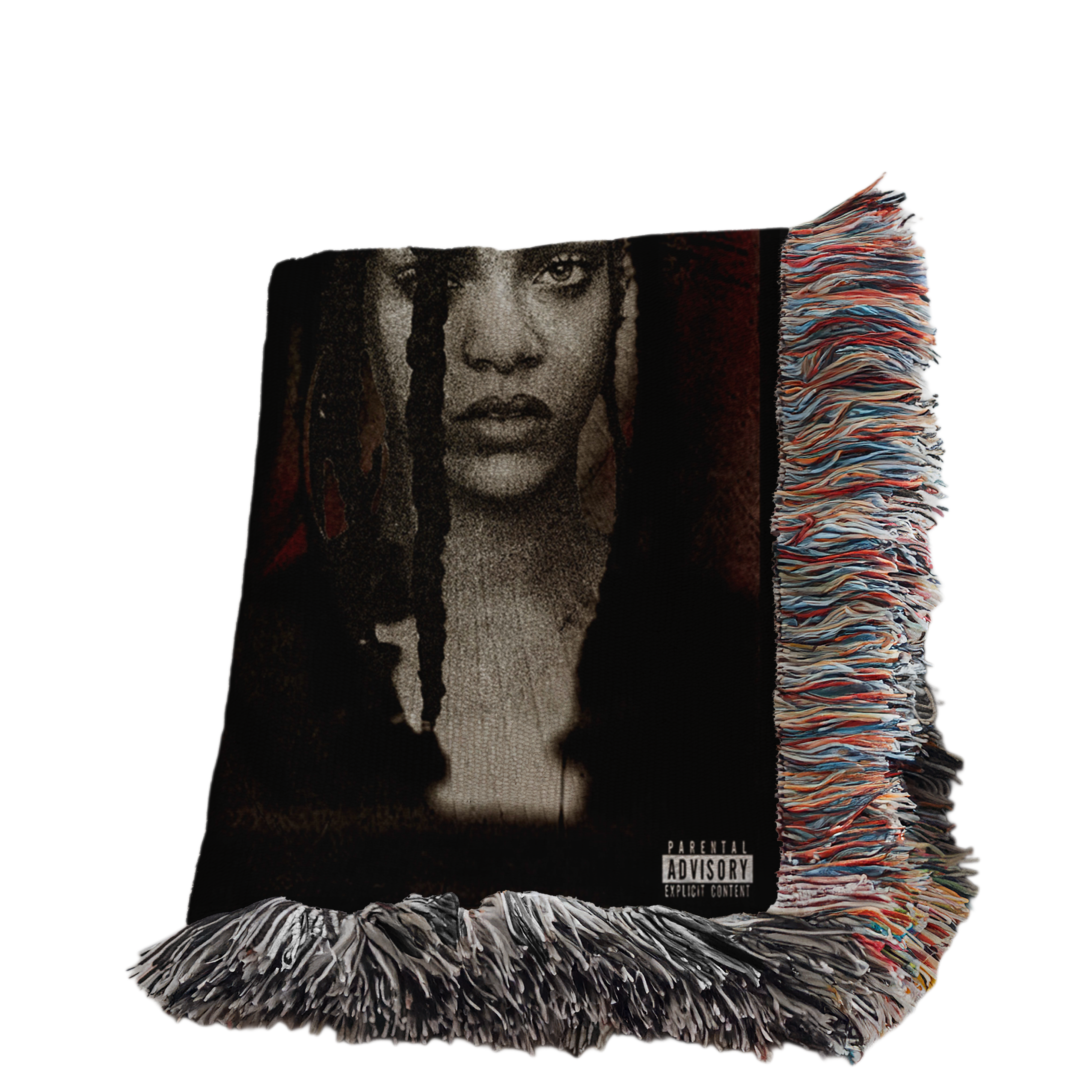 a large black and white portrait of a person with dreadlocks, set against a red background with a black and white design.