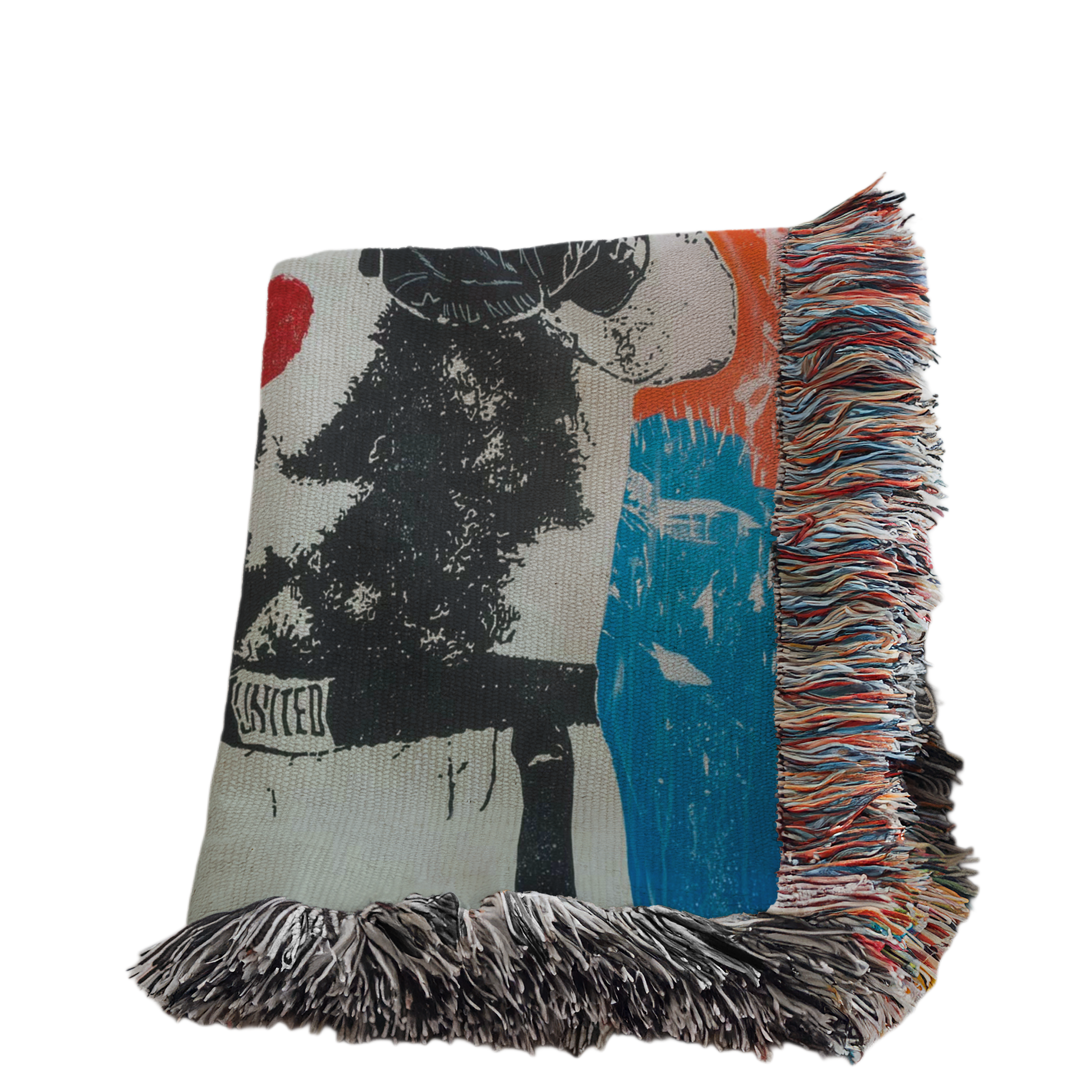 a colorful tapestry or blanket with a striking black and white graphic of a person wearing boxing gloves. The person appears to be a fighter, and the background is filled with vibrant colors and abstract shapes, creating a dynamic and visually engaging composition.