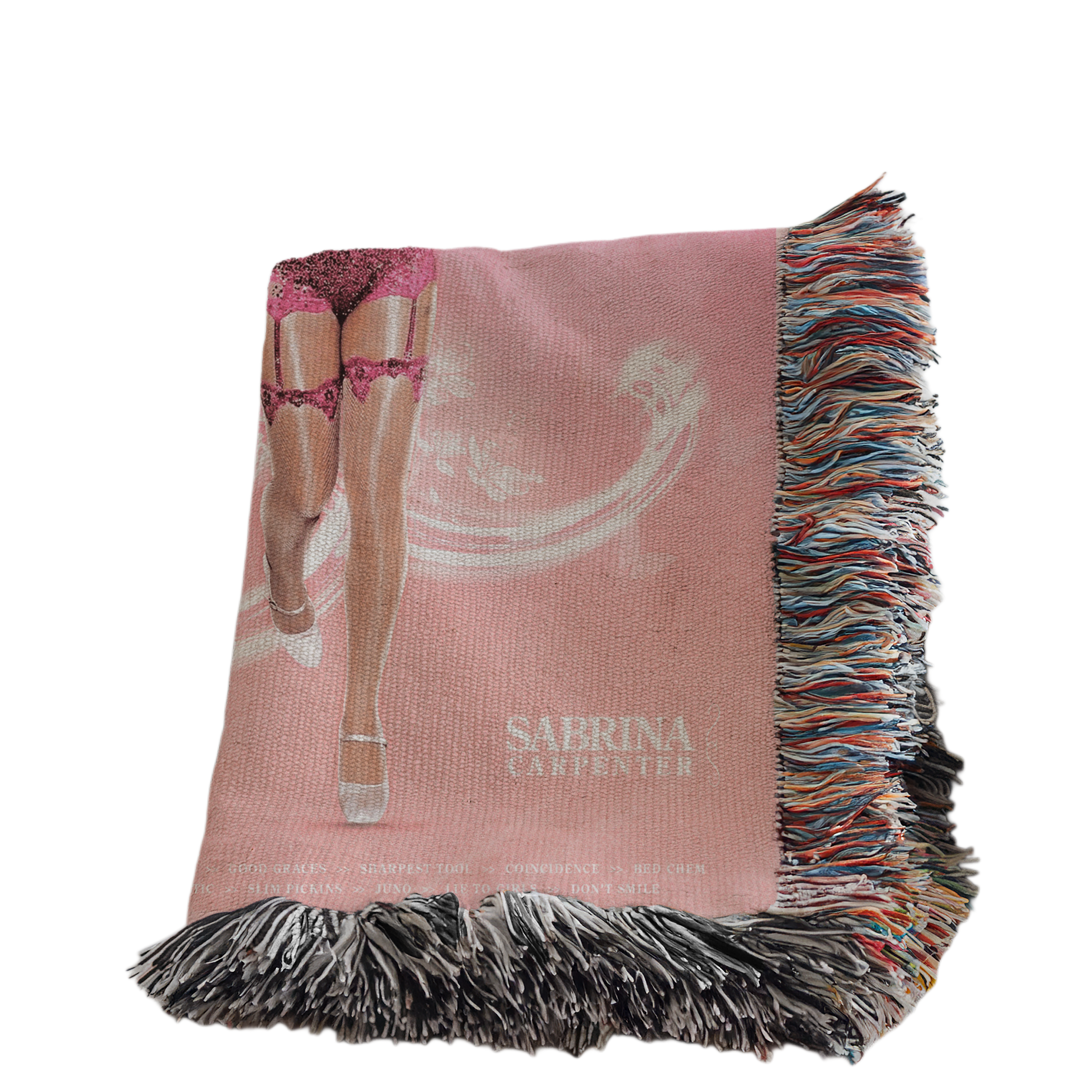 a woman in a pink dress with her arms outstretched, standing against a pink background with a white swirl design.