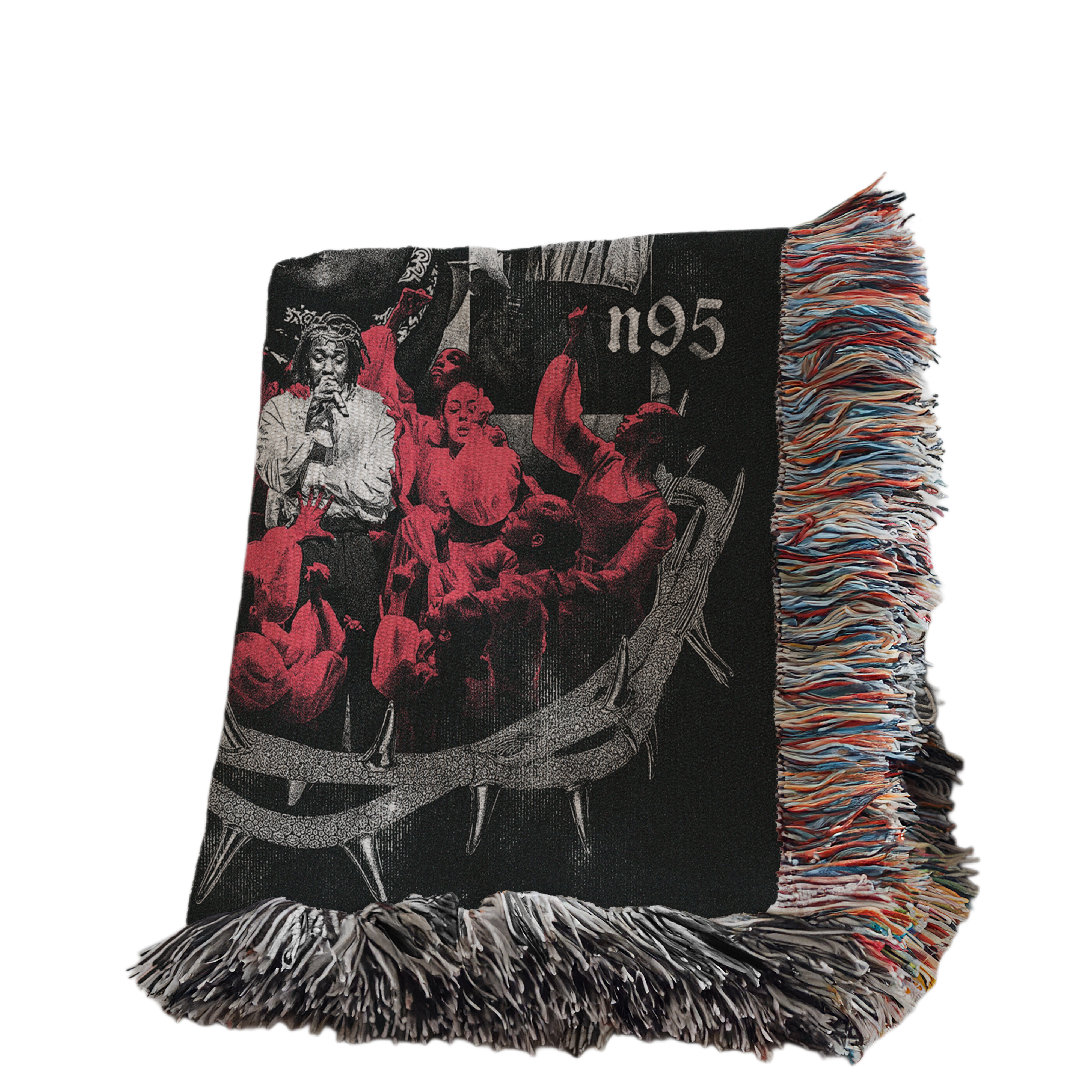 a black and white photograph of a group of people, with a red and black background.