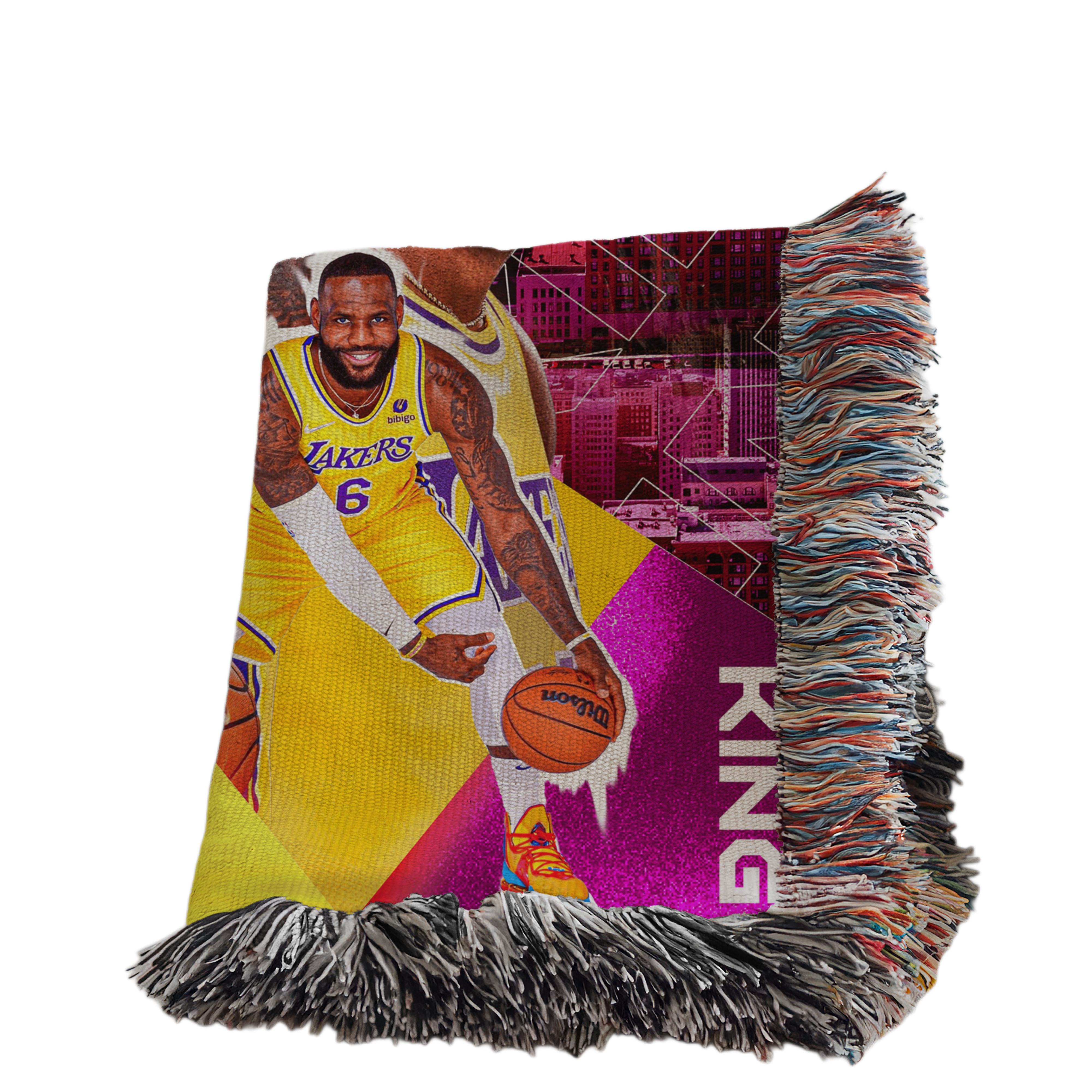 A basketball player wearing a yellow and purple jersey with the number 6, holding a basketball, and standing in front of a cityscape background.