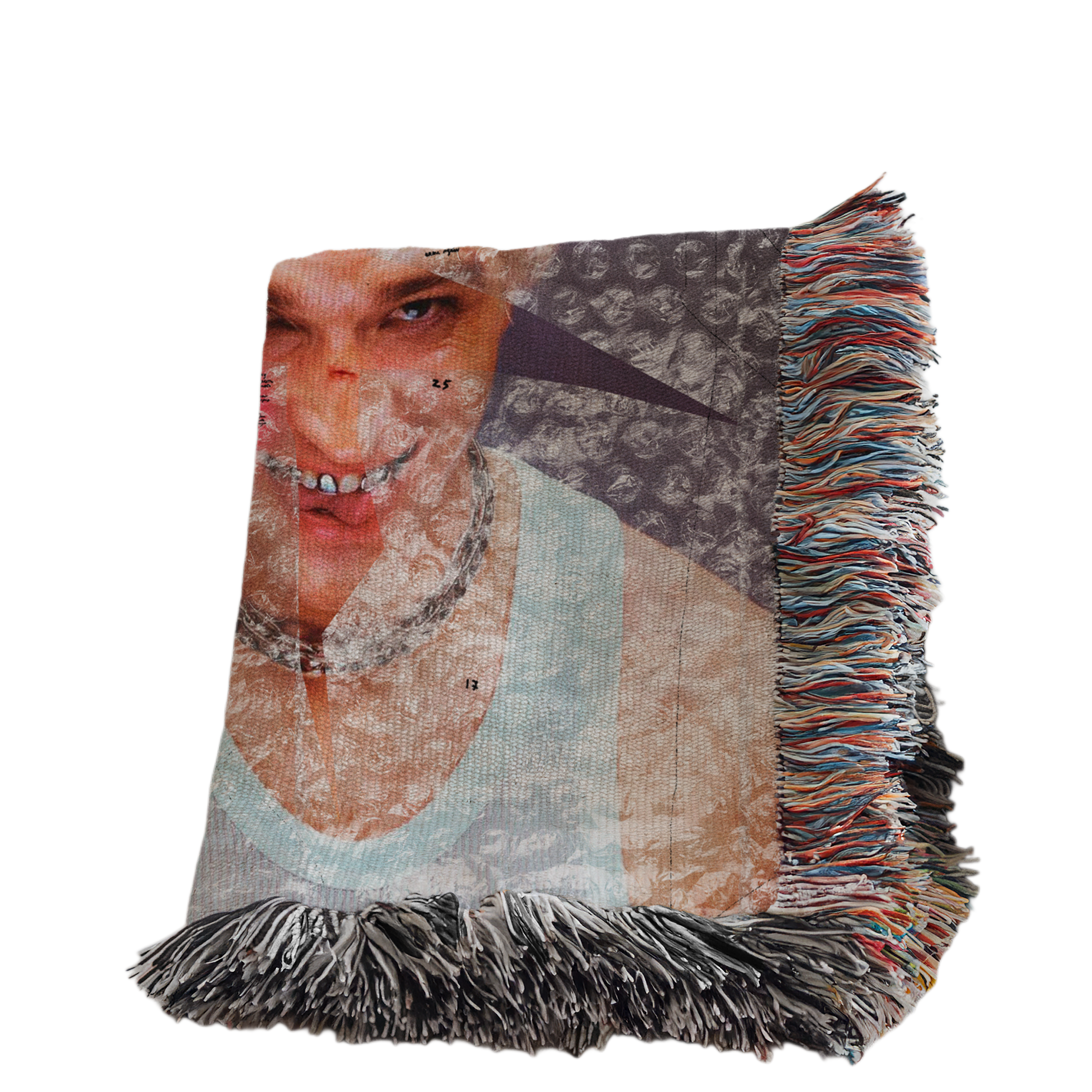 a person with blonde hair and a white tank top, with a red light shining on their face.