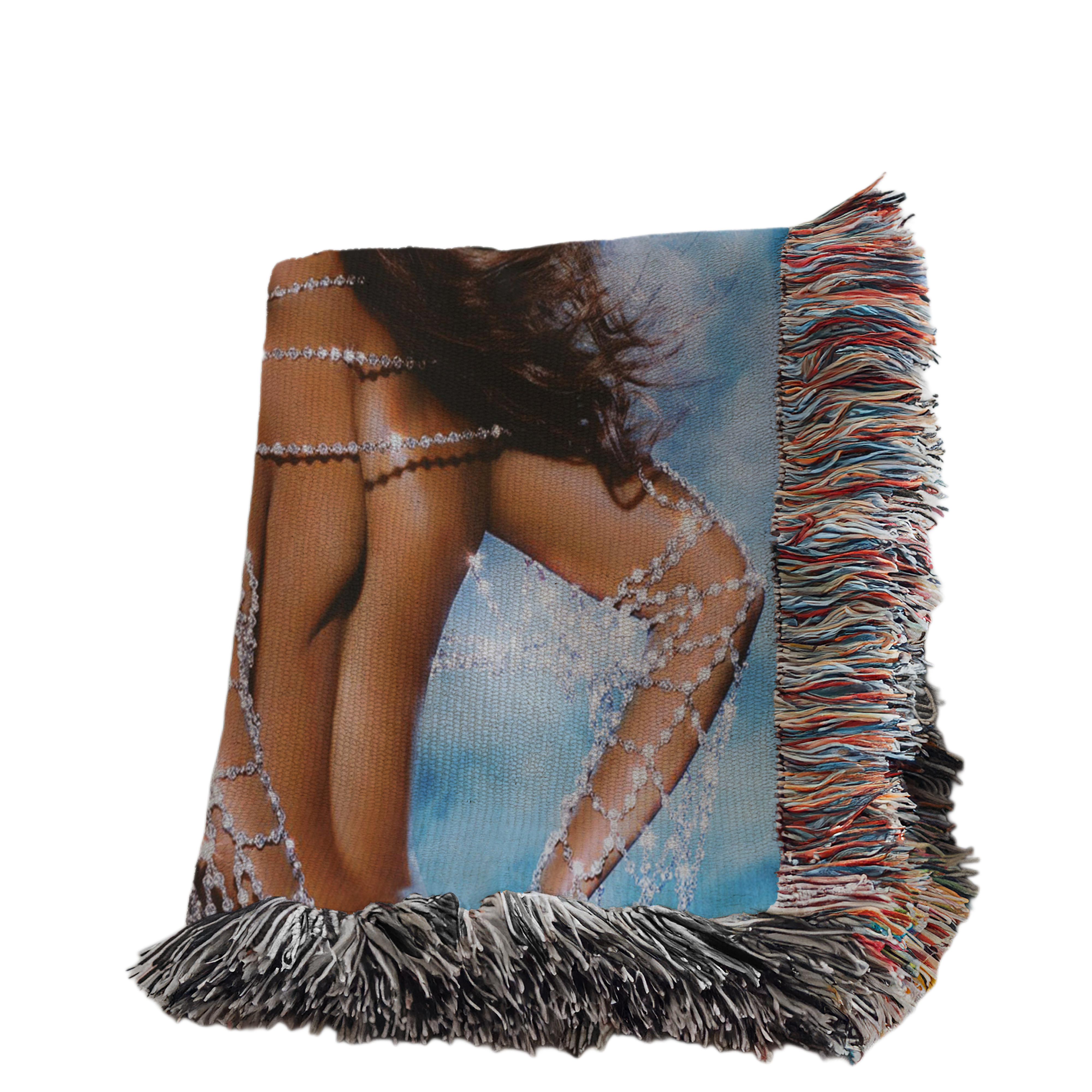 a woman with long, flowing hair wearing a sparkling necklace and a revealing dress.